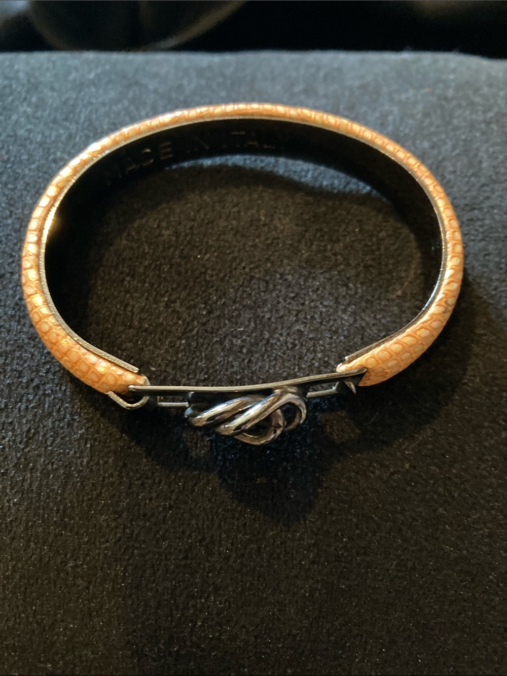 Golden iridescent faux snakeskin Bangle Bracelet with double knot clasp